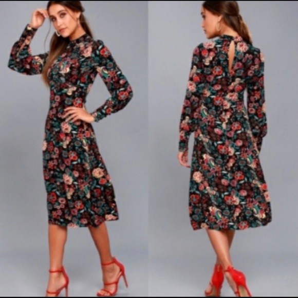 Lulus Dresses & Skirts - Lulu's Retro floral print long sleeve midi dress L